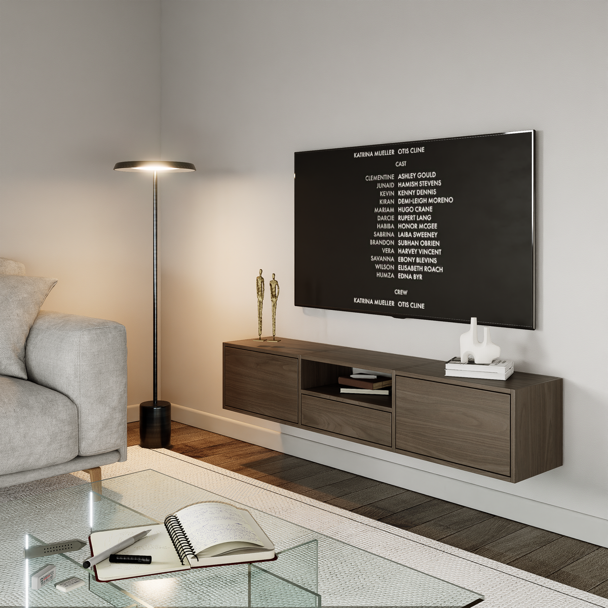Hängender TV-Schrank Framme mit drei Klappen und einer Nische, 150 cm, Walnuss Wisconsin