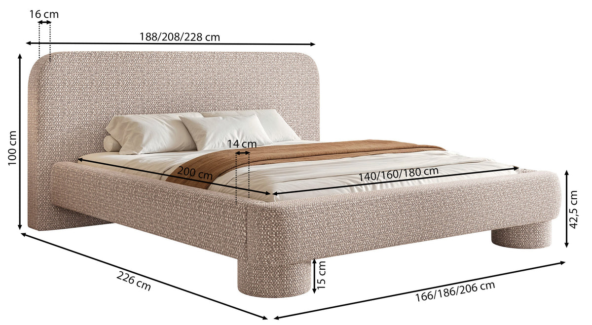 Gepolstertes Bett 160x200 cm Fredo mit Stauraum, hellgrauer Bouclé-Stoff