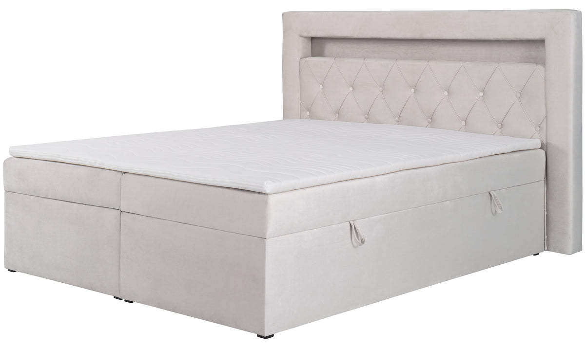 Lit continental 140x200 cm Goldess avec rangements et éclairage LED, velours gris beige