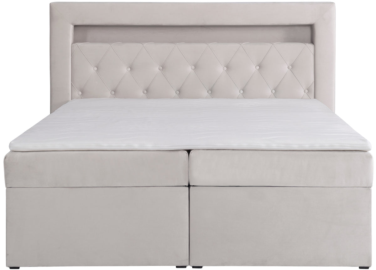 Lit continental 140x200 cm Goldess avec rangements et éclairage LED, velours gris beige