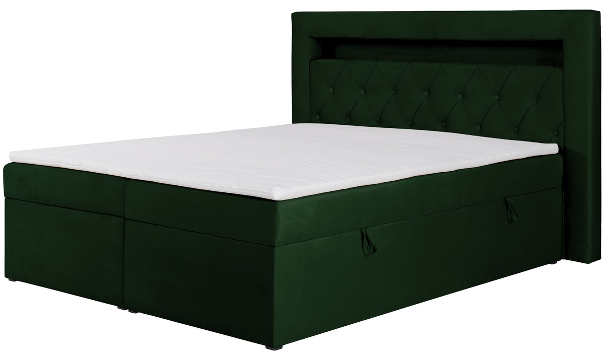 Lit continental 140x200 cm Goldess avec rangements et éclairage LED velours vert bouteille