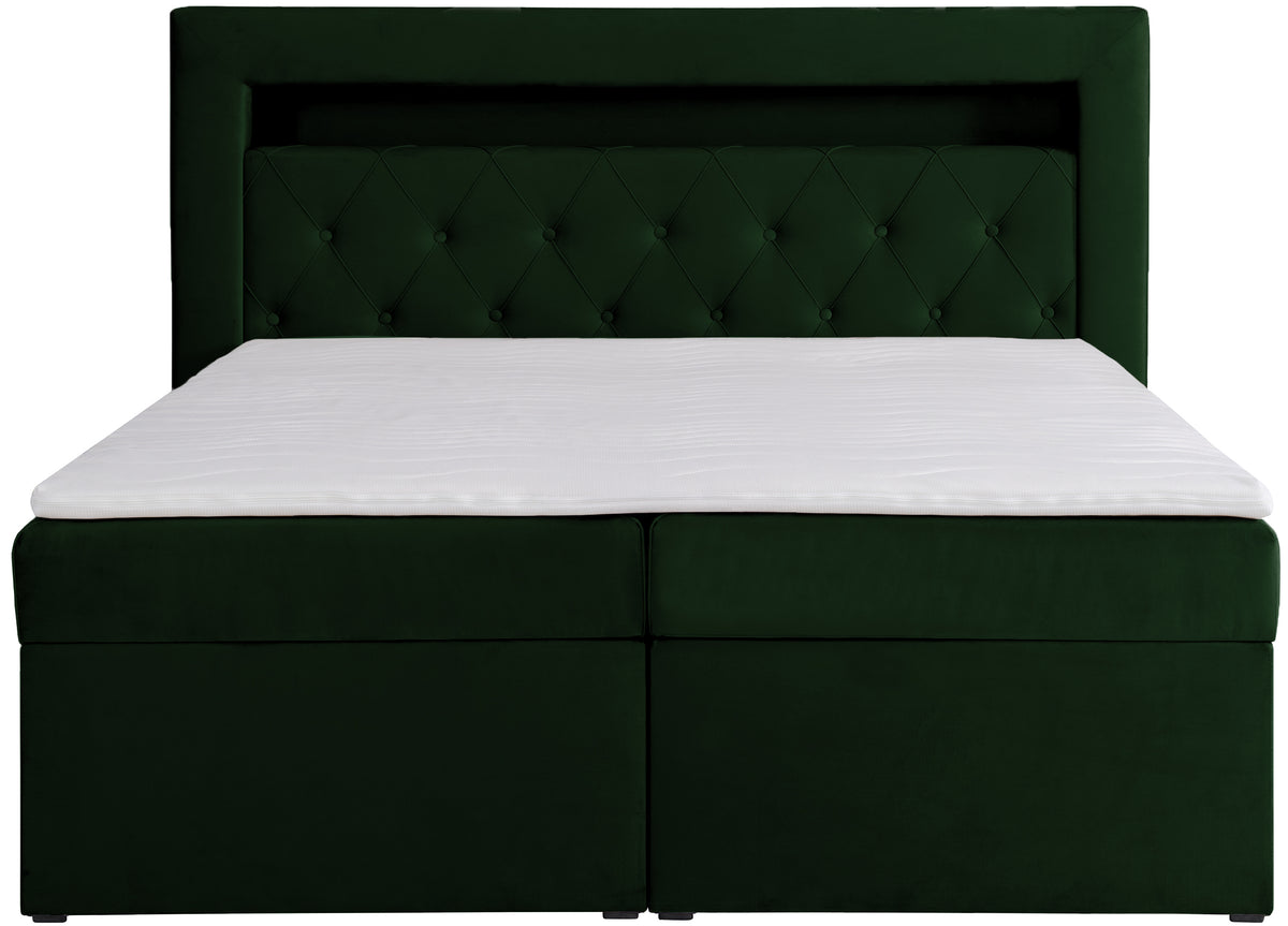 Lit continental 140x200 cm Goldess avec rangements et éclairage LED velours vert bouteille