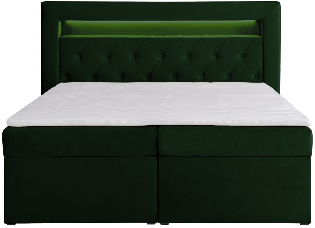 Lit continental 140x200 cm Goldess avec rangements et éclairage LED velours vert bouteille