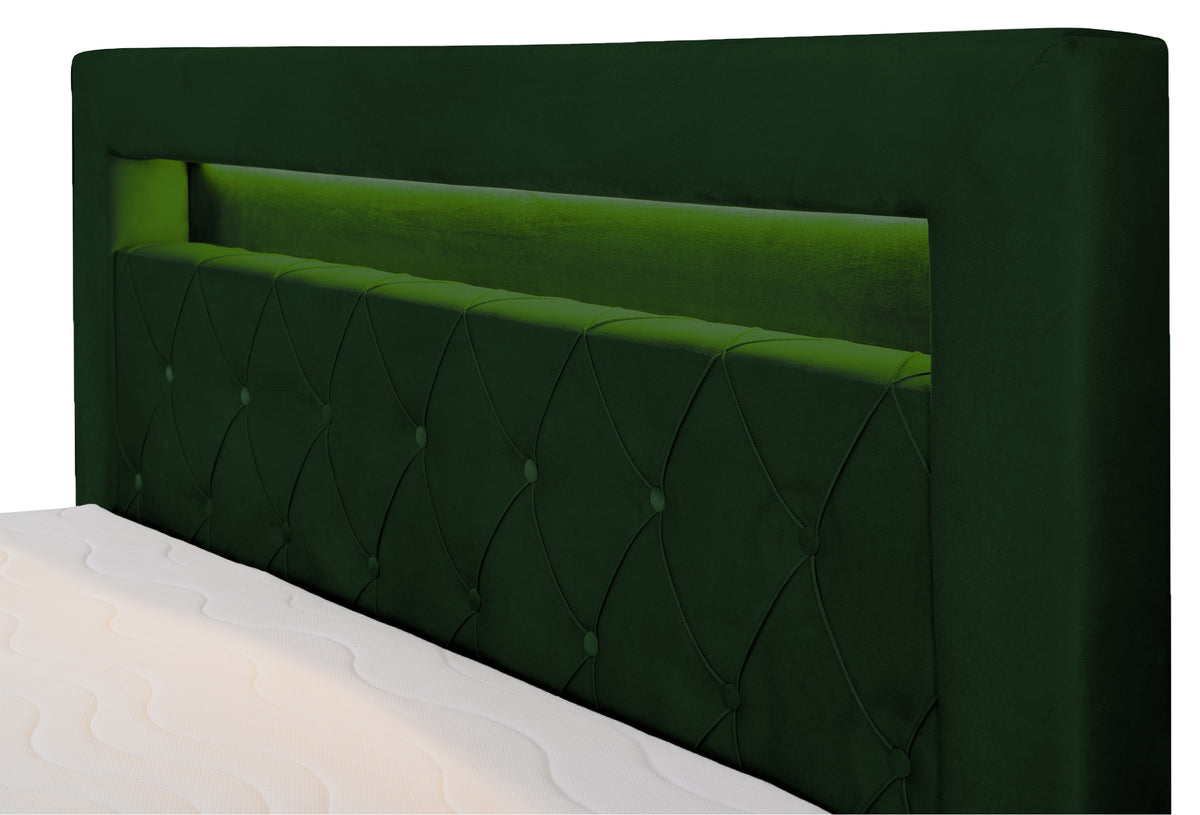 Lit continental 140x200 cm Goldess avec rangements et éclairage LED velours vert bouteille