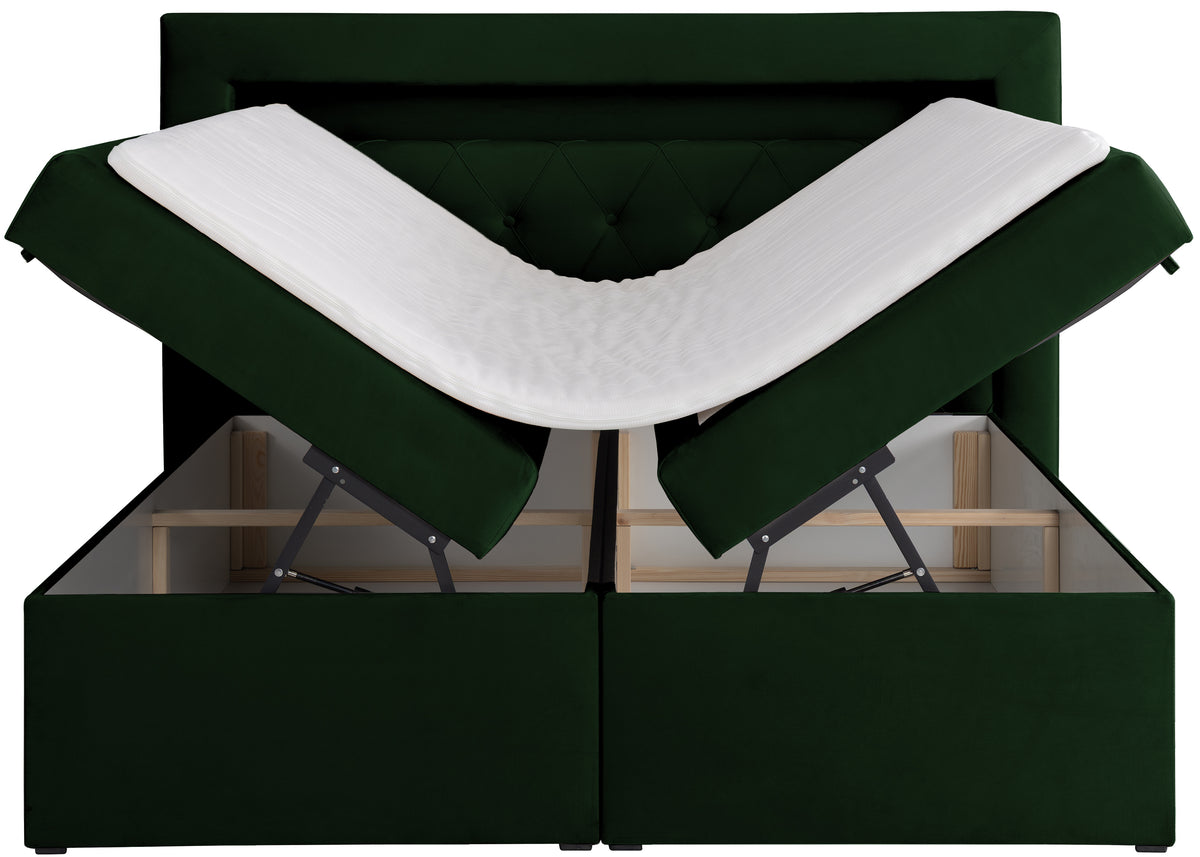 Lit continental 140x200 cm Goldess avec rangements et éclairage LED velours vert bouteille