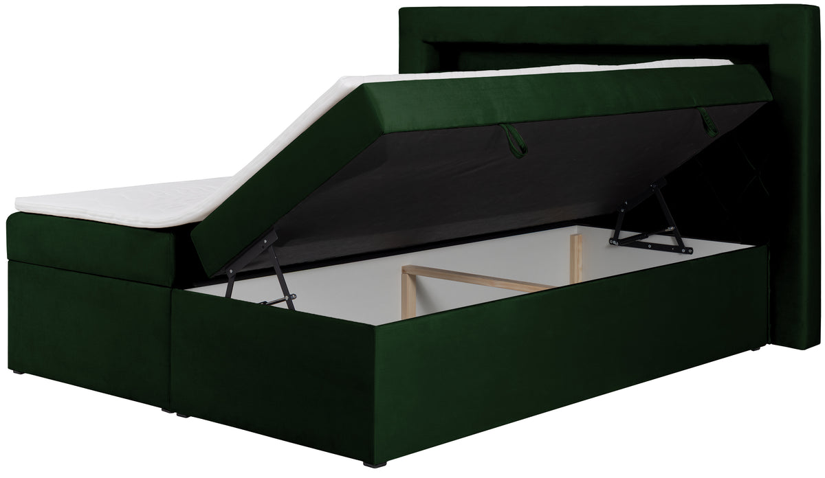 Lit continental 140x200 cm Goldess avec rangements et éclairage LED velours vert bouteille