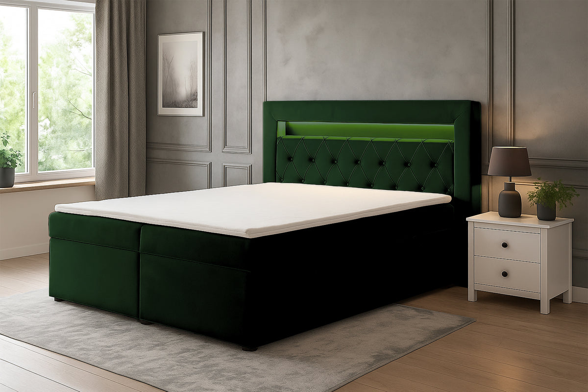 Lit continental 140x200 cm Goldess avec rangements et éclairage LED velours vert bouteille