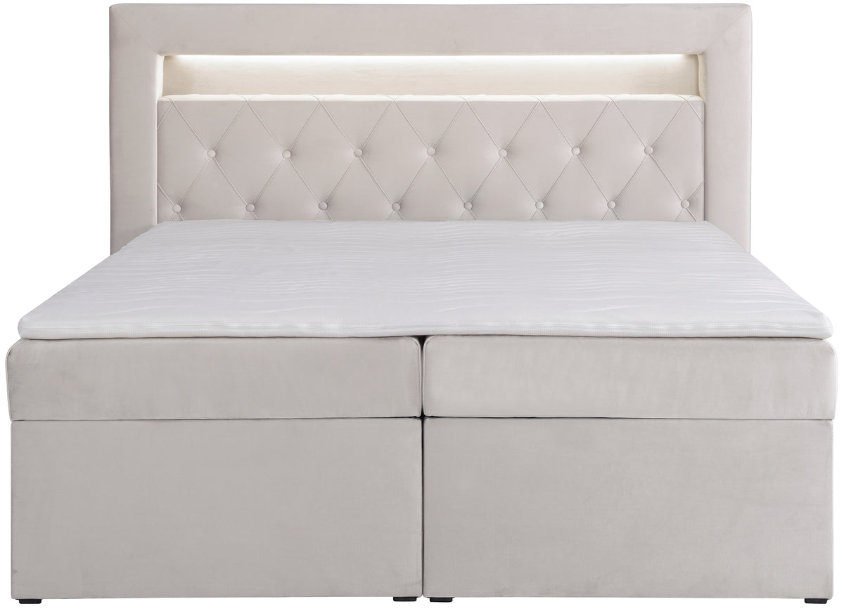 Lit continental 140x200 cm Goldess avec rangements et éclairage LED, velours gris beige