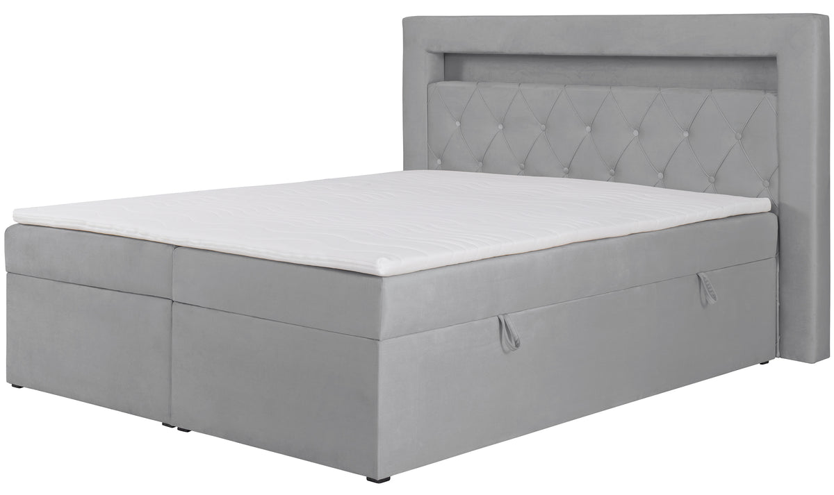 Lit continental 160x200 cm Goldess avec rangements et éclairage LED, velours gris