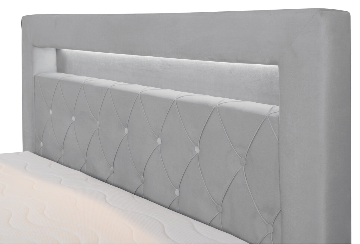 Lit continental 160x200 cm Goldess avec rangements et éclairage LED, velours gris
