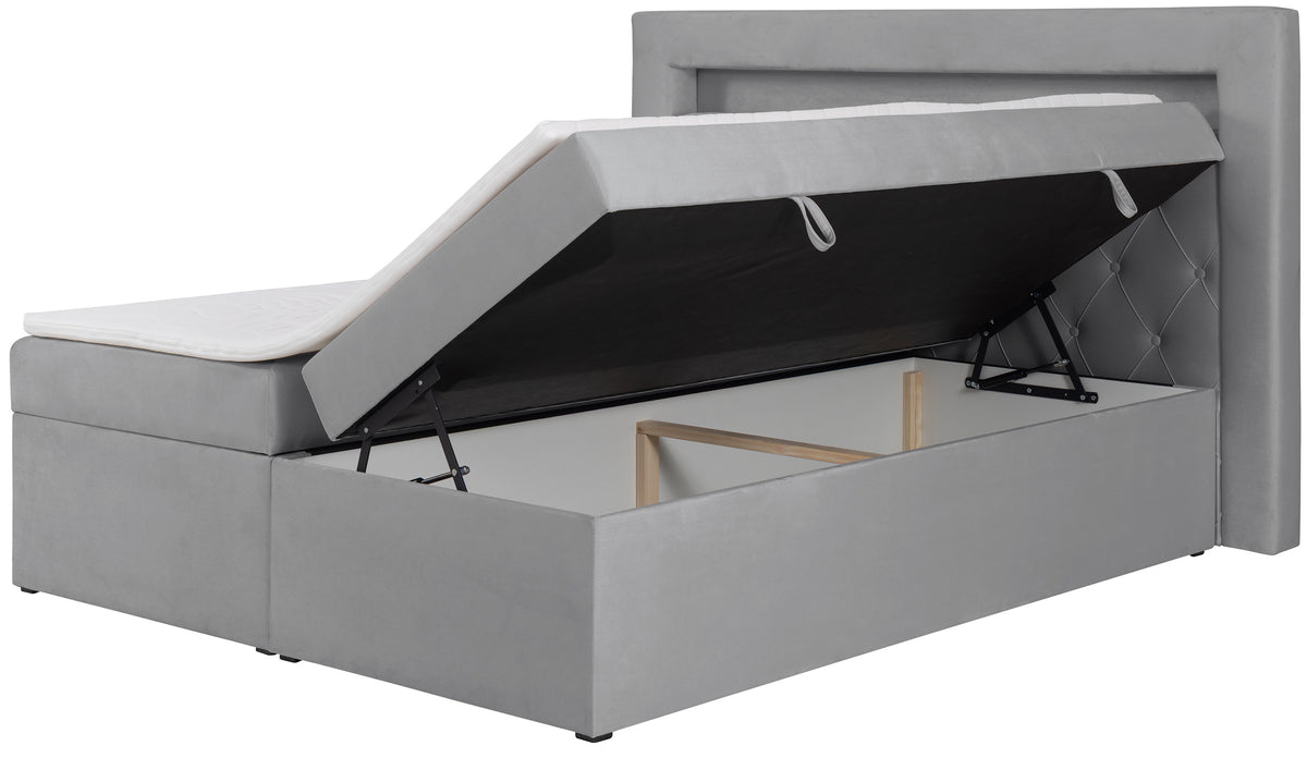Lit continental 160x200 cm Goldess avec rangements et éclairage LED, velours gris