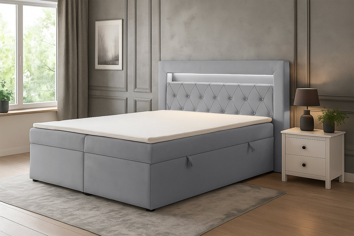 Lit continental 160x200 cm Goldess avec rangements et éclairage LED, velours gris