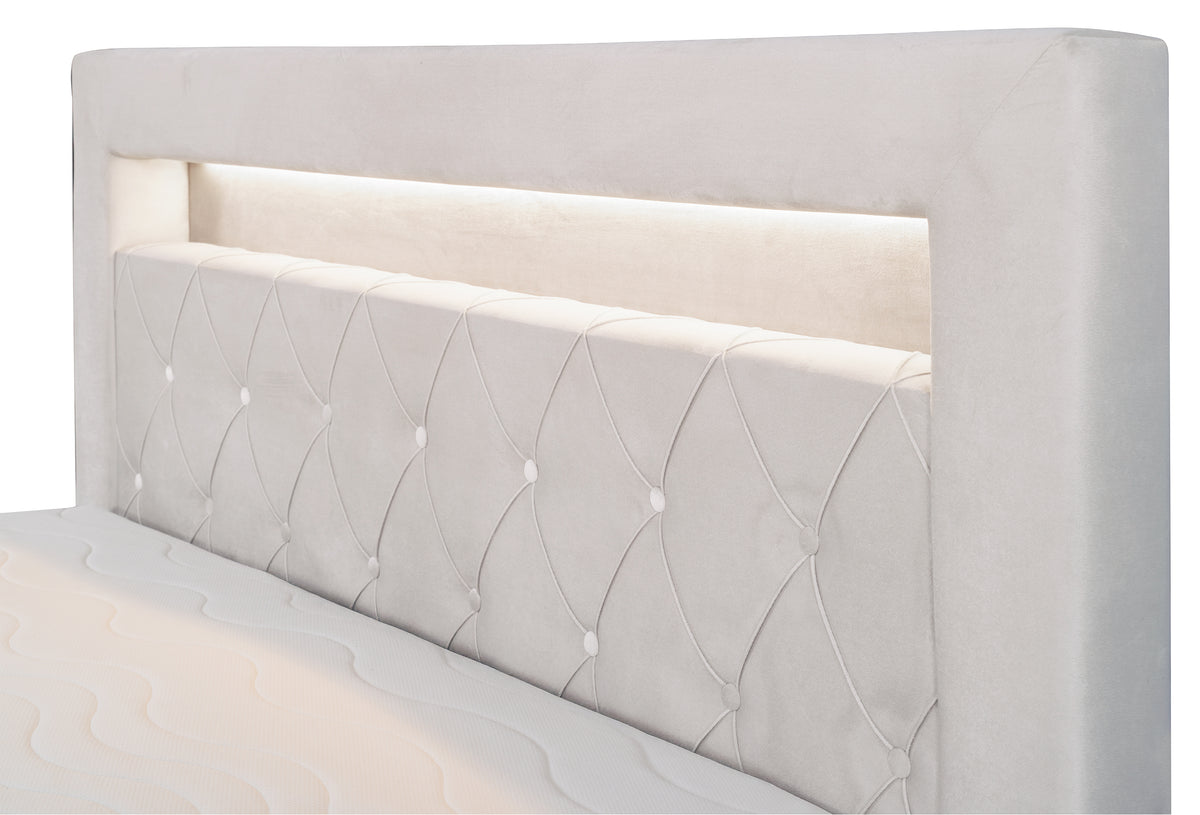 Lit continental 140x200 cm Goldess avec rangements et éclairage LED, velours gris beige