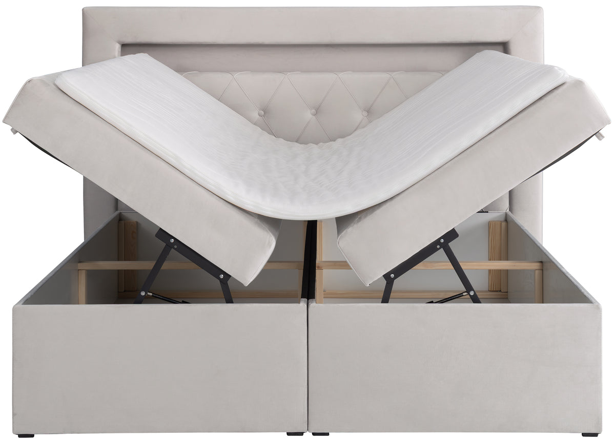 Lit continental 140x200 cm Goldess avec rangements et éclairage LED, velours gris beige