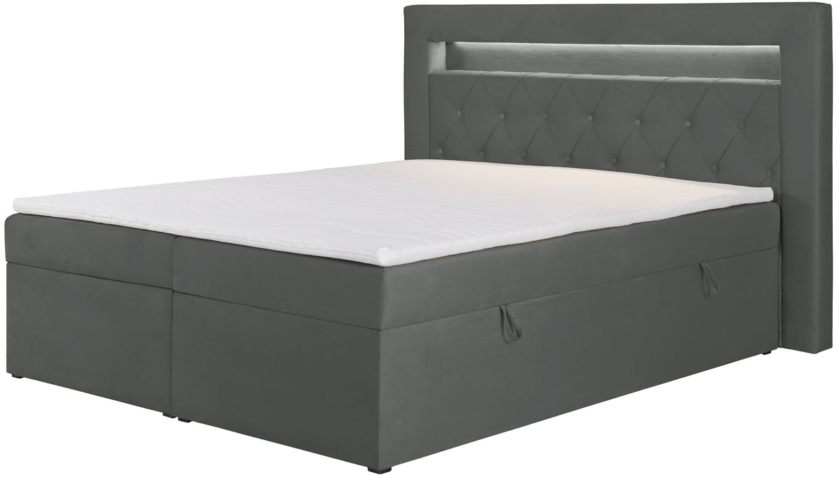 Lit continental 180x200 cm Goldess avec rangements et éclairage LED, velours gris foncé