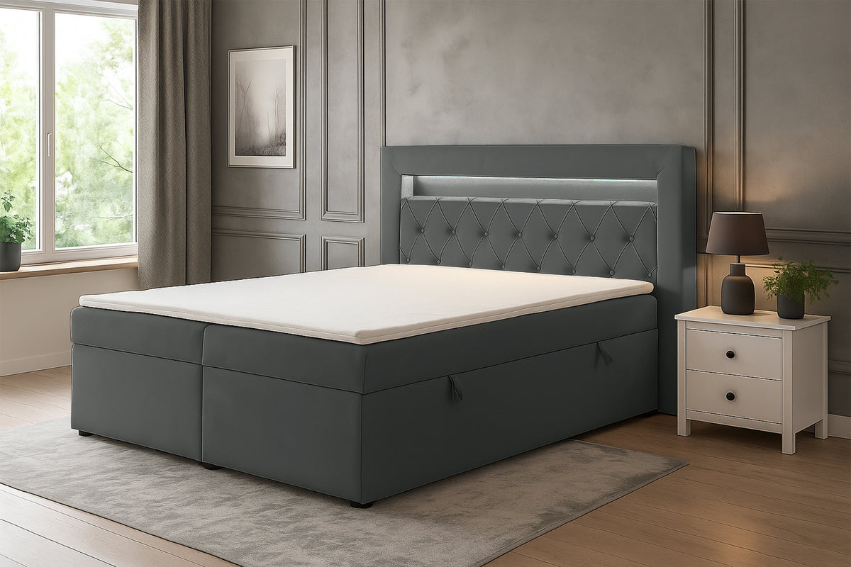 Lit continental 180x200 cm Goldess avec rangements et éclairage LED, velours gris foncé
