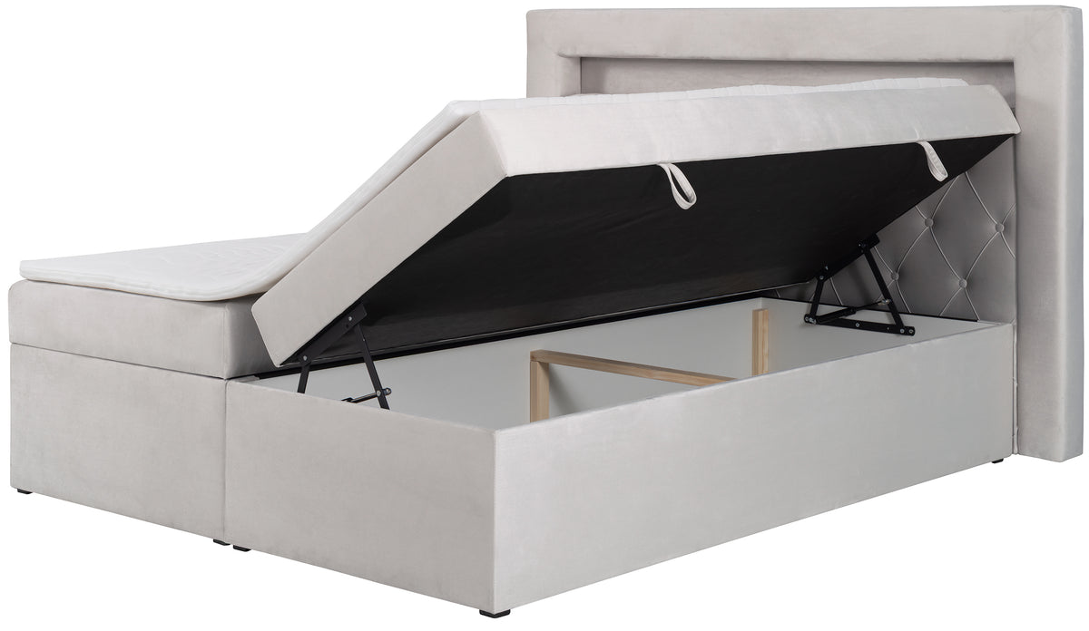 Lit continental 140x200 cm Goldess avec rangements et éclairage LED, velours gris beige