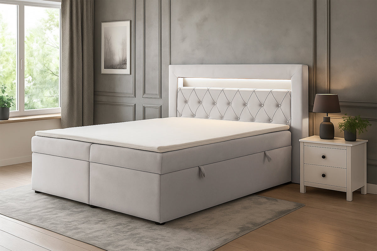Lit continental 140x200 cm Goldess avec rangements et éclairage LED, velours gris beige