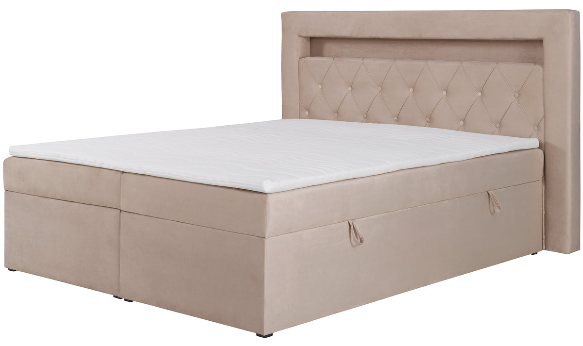 Kontinentalbett 160x200 cm Goldess mit Stauraum und LED-Beleuchtung, beige Samt