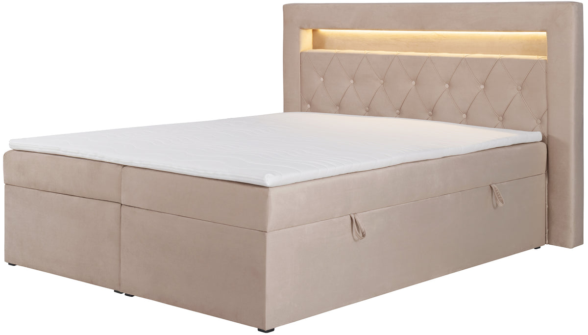 Kontinentalbett 160x200 cm Goldess mit Stauraum und LED-Beleuchtung, beige Samt
