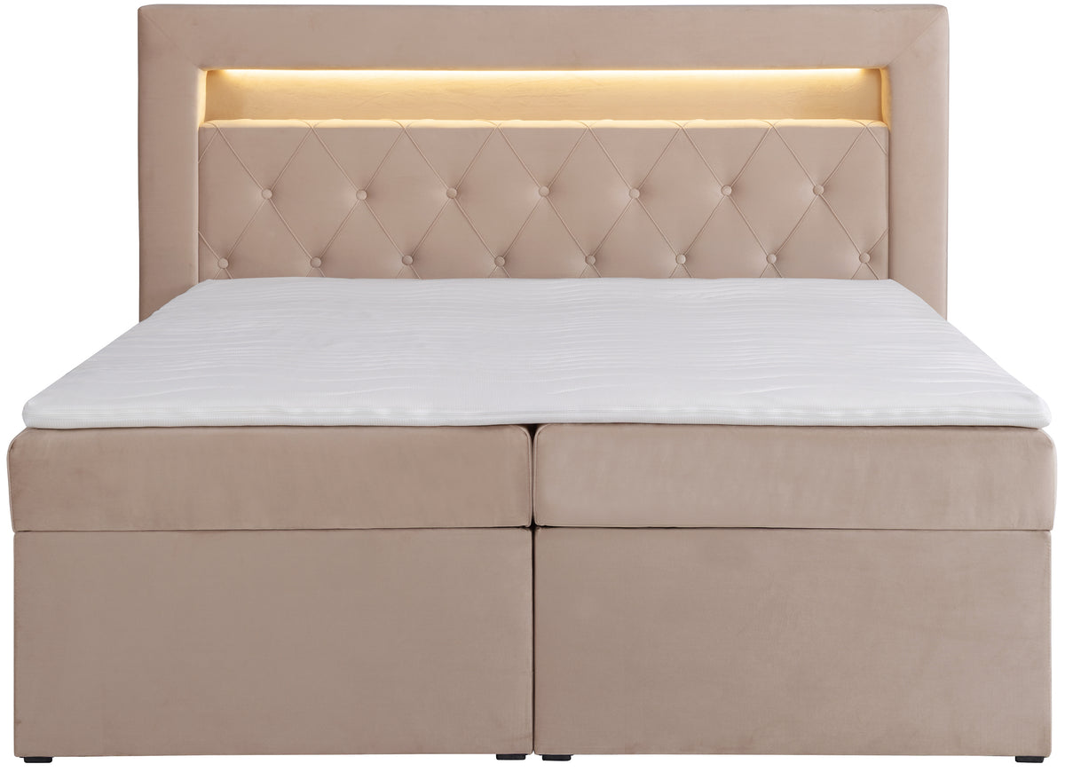 Kontinentalbett 160x200 cm Goldess mit Stauraum und LED-Beleuchtung, beige Samt
