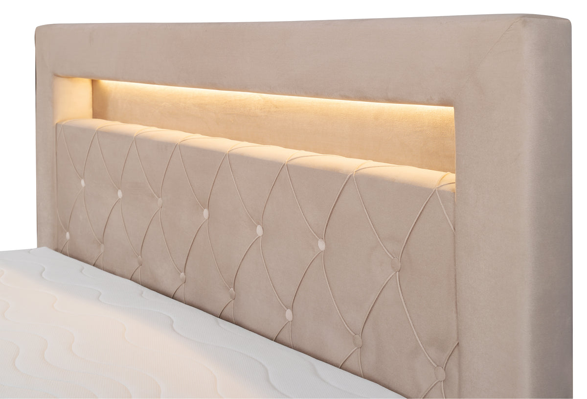 Kontinentalbett 160x200 cm Goldess mit Stauraum und LED-Beleuchtung, beige Samt