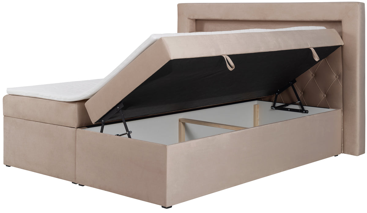 Kontinentalbett 160x200 cm Goldess mit Stauraum und LED-Beleuchtung, beige Samt