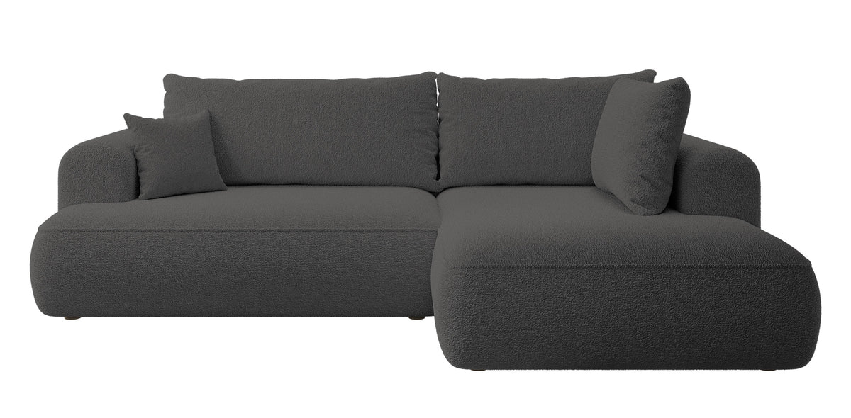 Canapé d'angle convertible Ovo en boucle gris foncé avec accoudoir et coffre, version droite