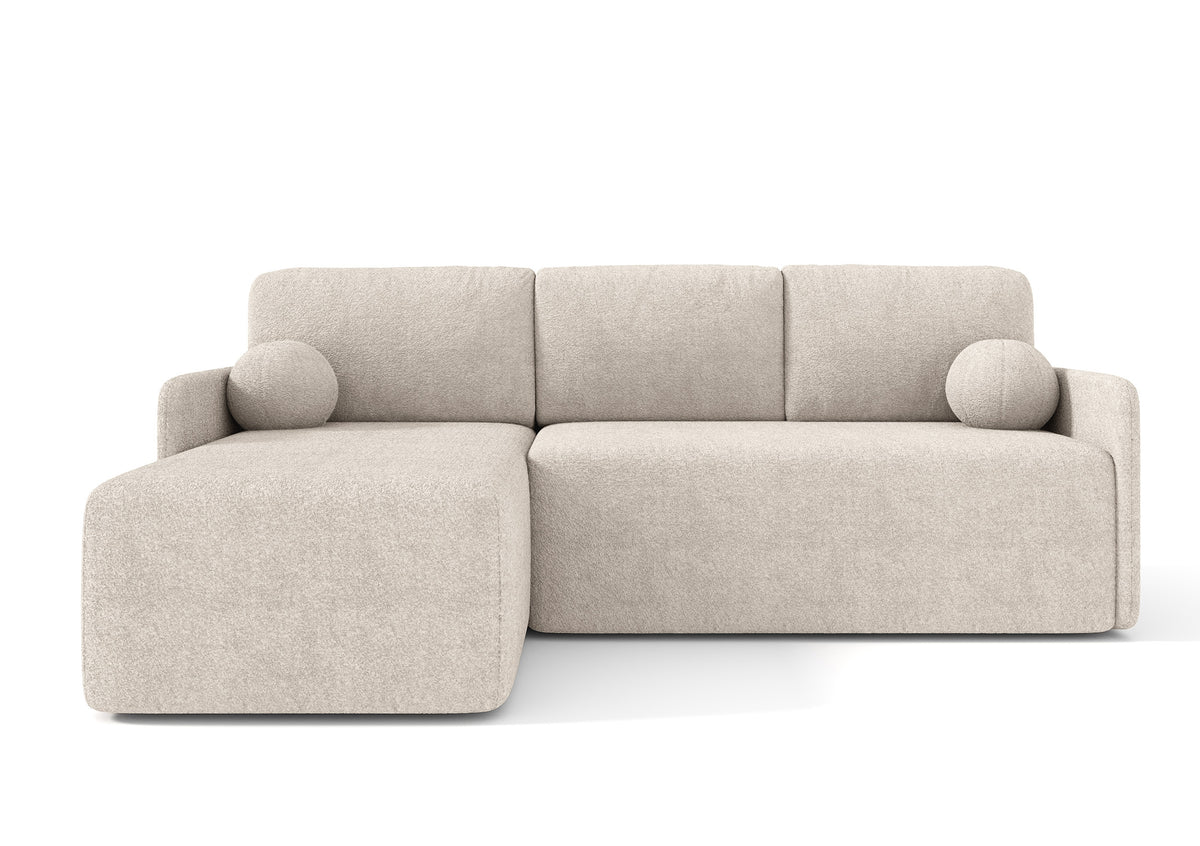 Canapé d'angle L Bloom avec fonction couchage et coffre de rangement, beige boucle, universel