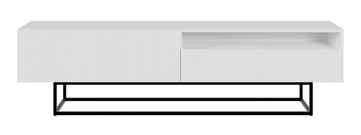 Meuble TV Veldio avec façade fraisée et niche 175 cm Blanc avec pieds noirs