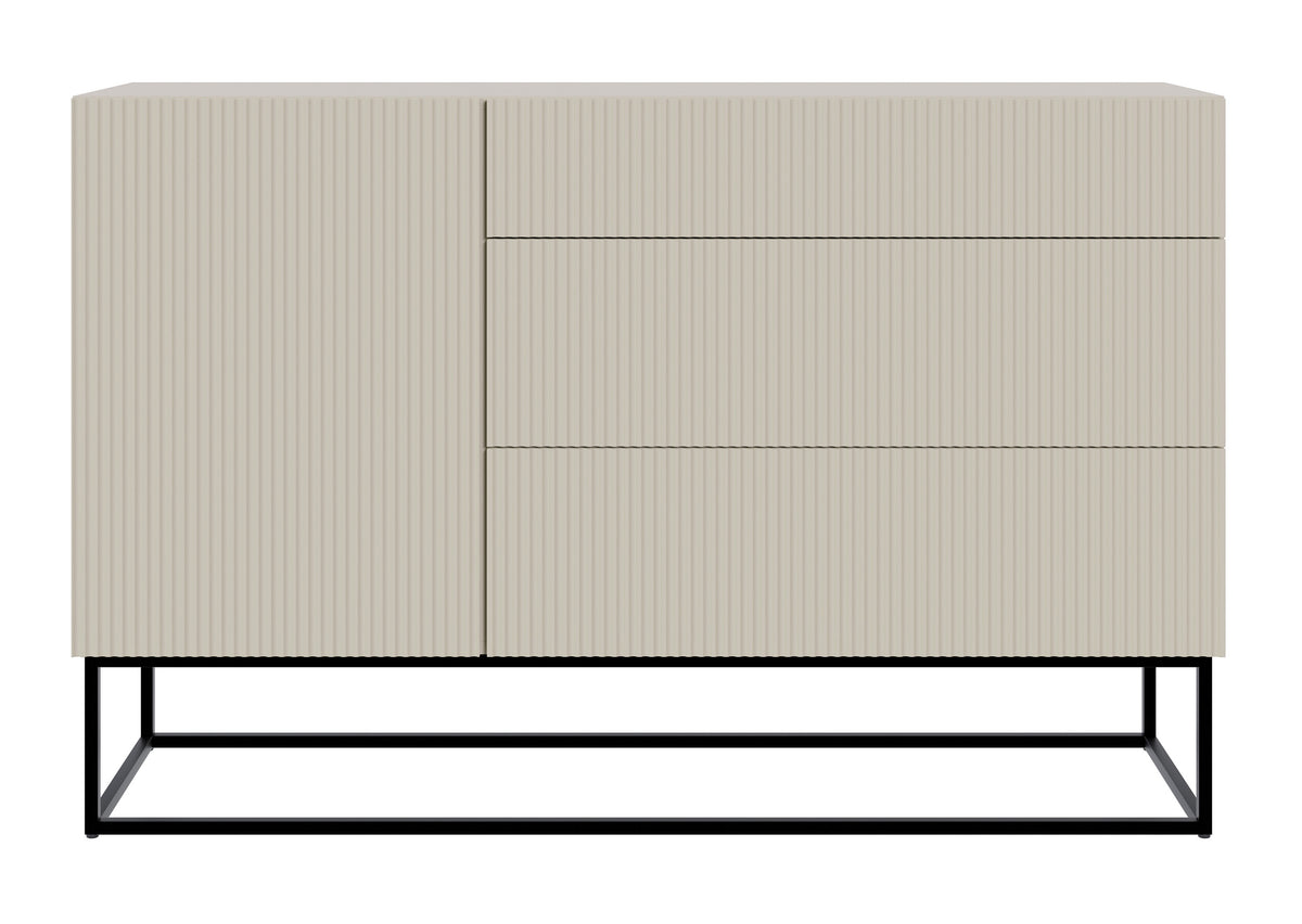 Einzeltür-Kommode Veldio mit gefräster Front und drei Schubladen, 140 cm, grau-beige mit schwarzen Beinen