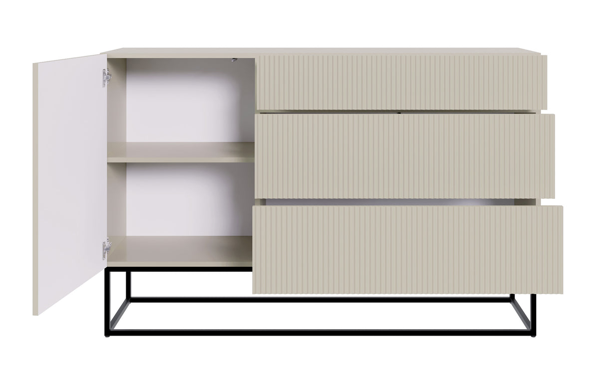 Einzeltür-Kommode Veldio mit gefräster Front und drei Schubladen, 140 cm, grau-beige mit schwarzen Beinen