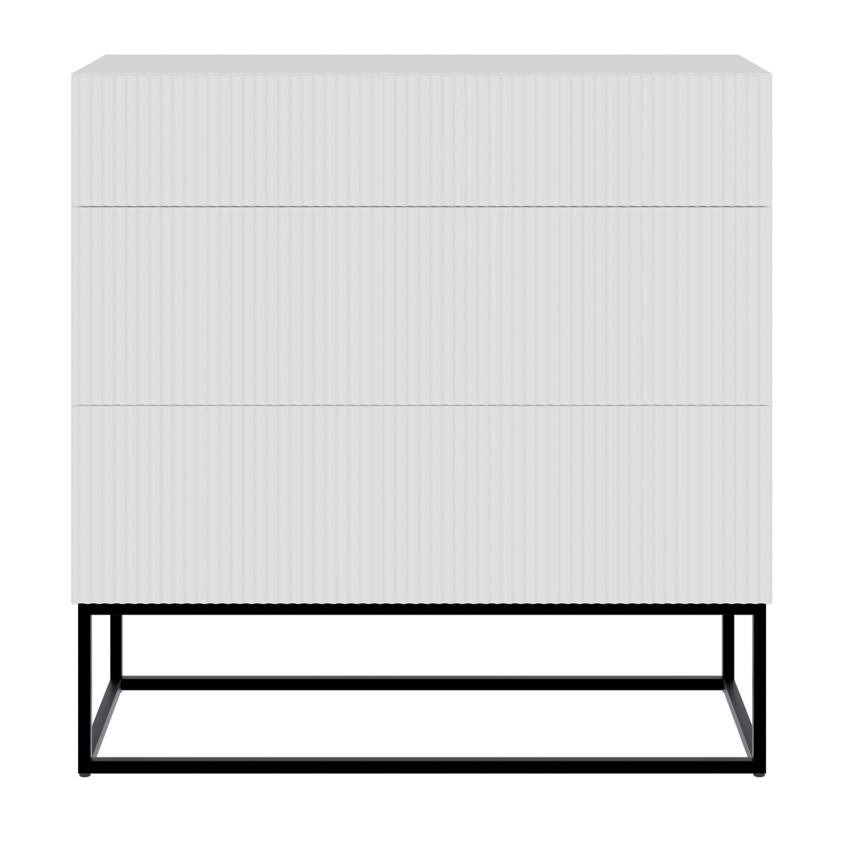 Commode Veldio avec façade rainurée et trois tiroirs 90 cm Blanche avec pieds noirs