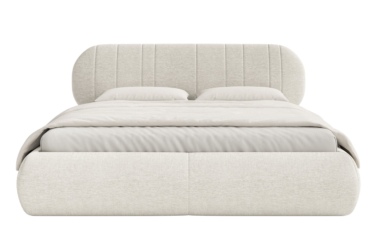Lit tapissé 180x200 cm Asmelio avec rangement, cadre métallique, crème tressé