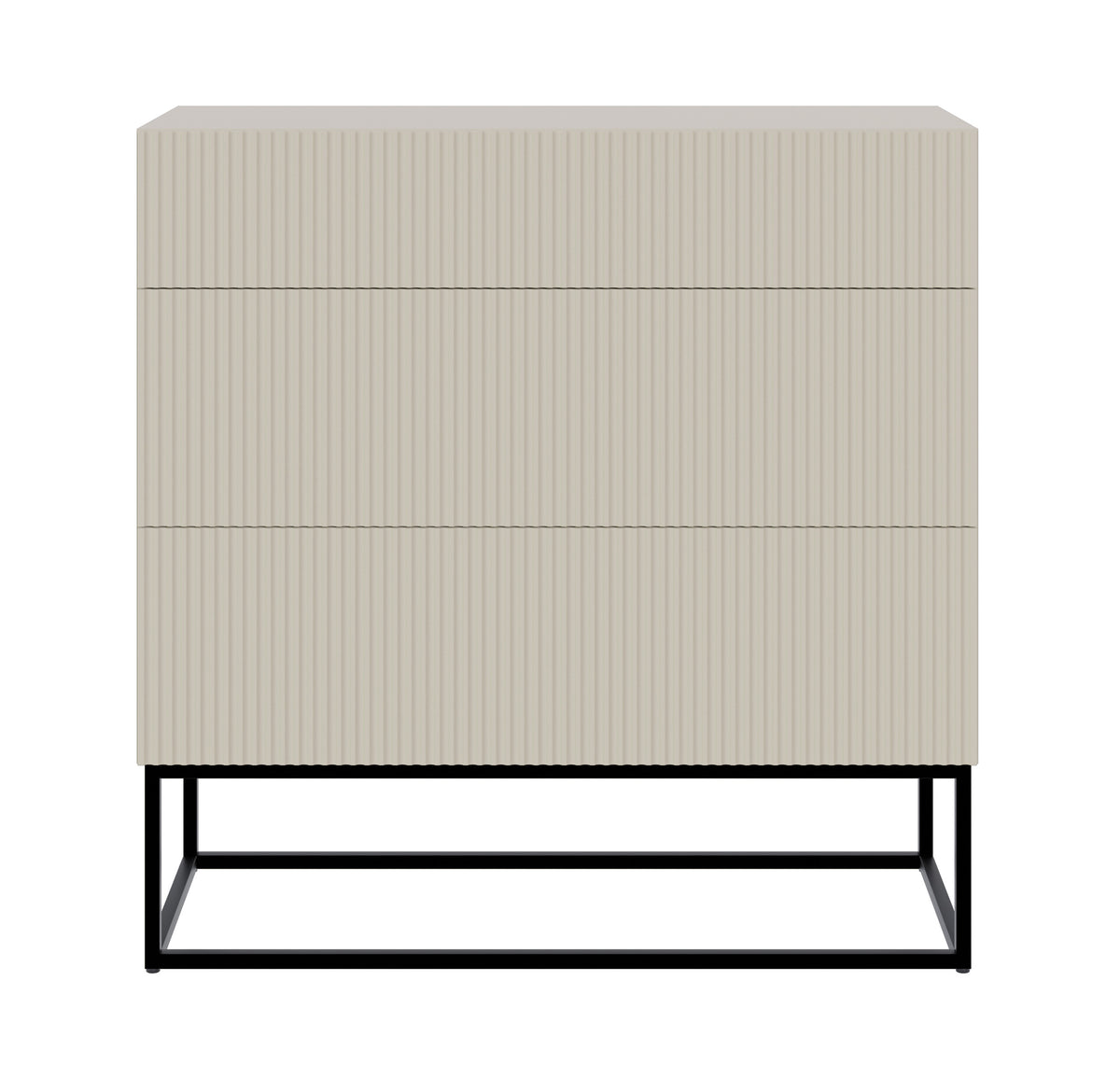 Kommode Veldio mit gefräster Front und drei Schubladen, 90 cm, grau-beige mit schwarzen Beinen
