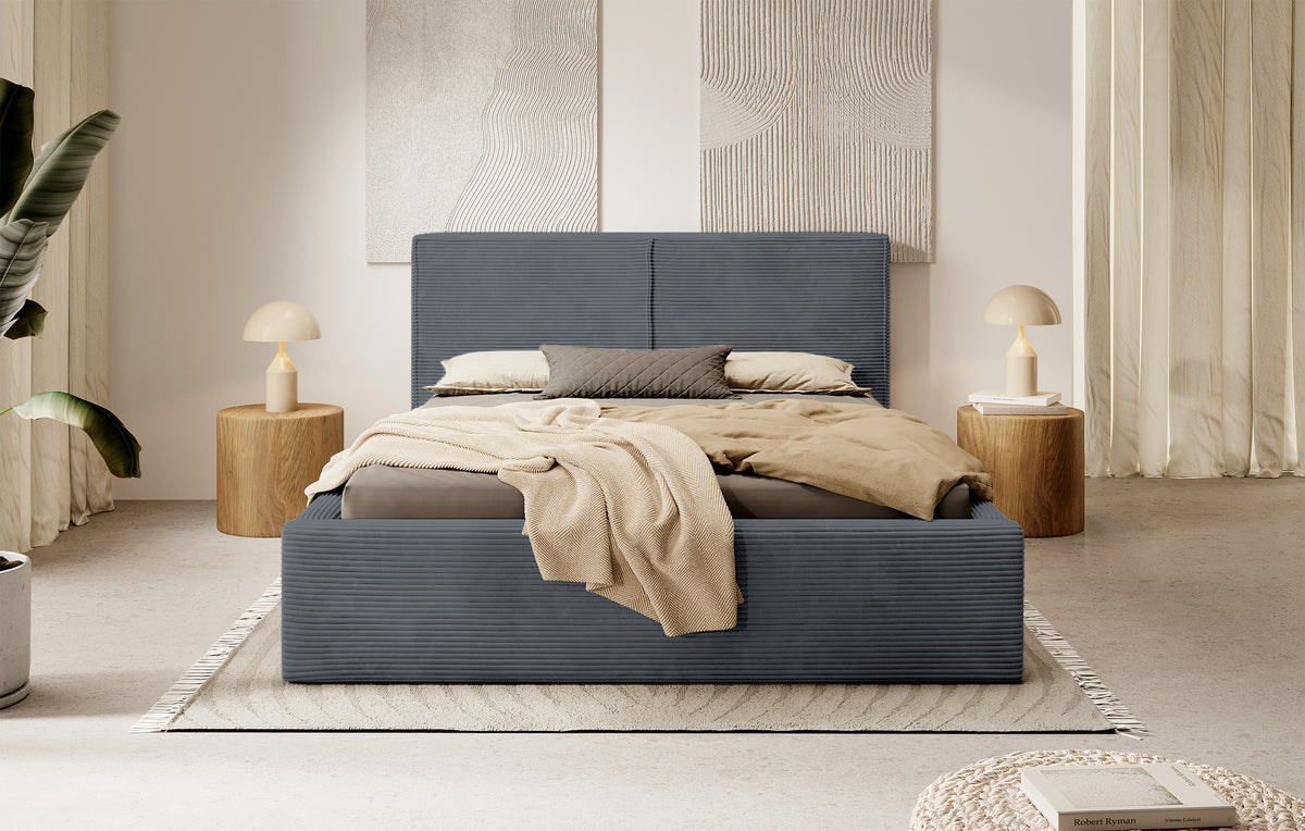 Lit tapissé 140x200 cm Farese avec rangement et vérin à gaz, velours côtelé gris
