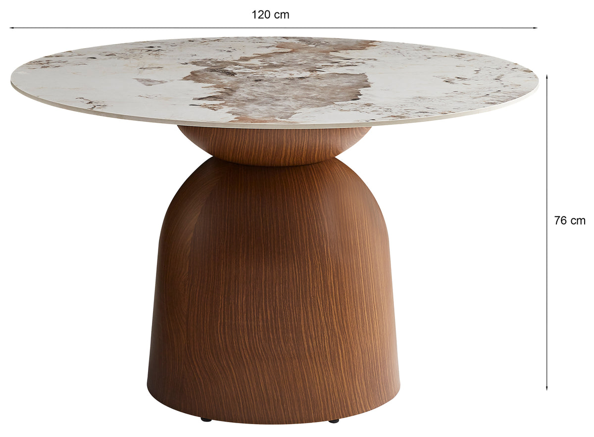 Table de salle à manger Glindro ronde diamètre 120 cm avec plateau en pierre/noyer
