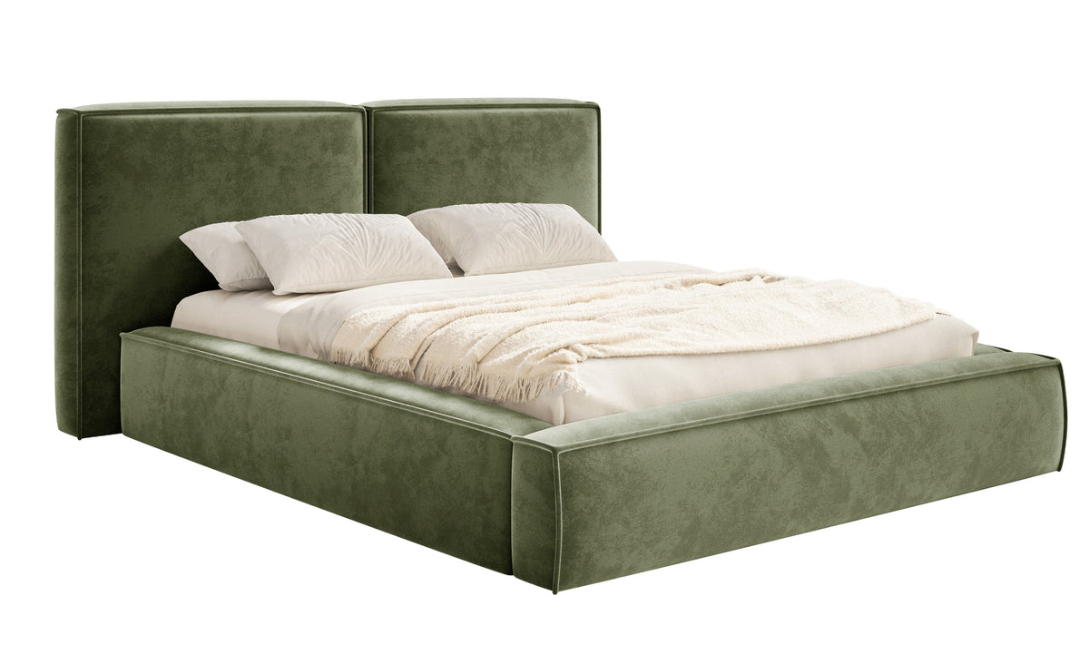Polsterbett 200x200 cm Tilves mit Stauraum, Metallrahmen, olivgrüner Samt