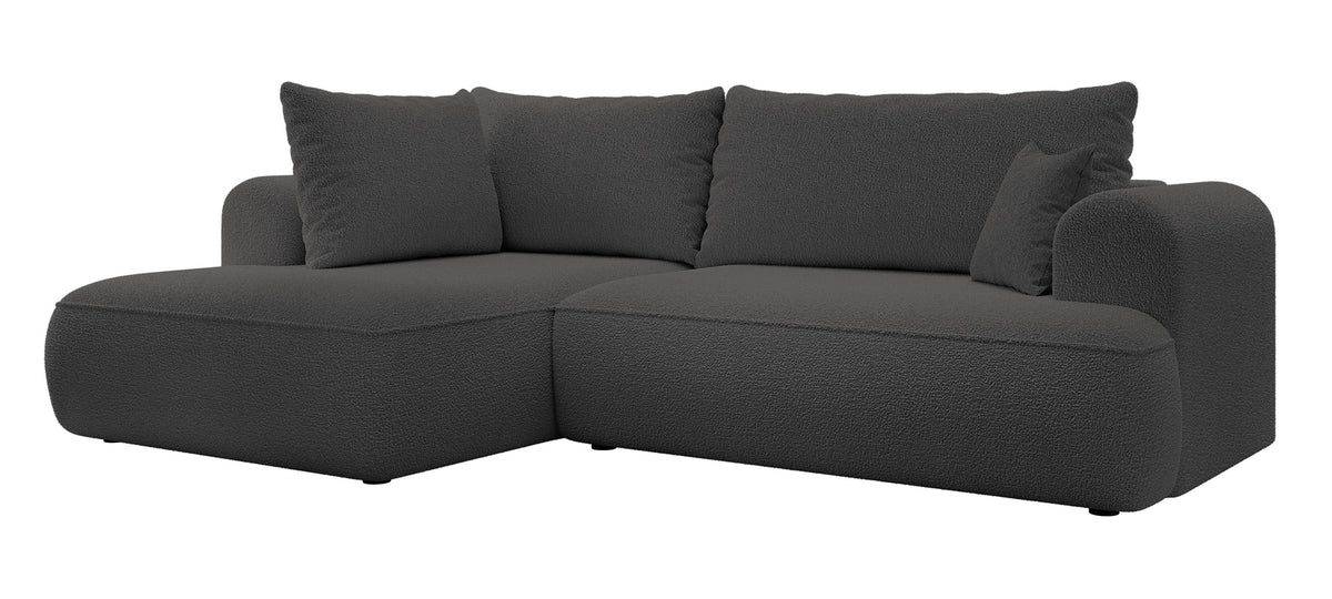 Canapé d'angle avec fonction couchage Ovo en L, accoudoir et coffre de rangement, boucle gris foncé, côté gauche