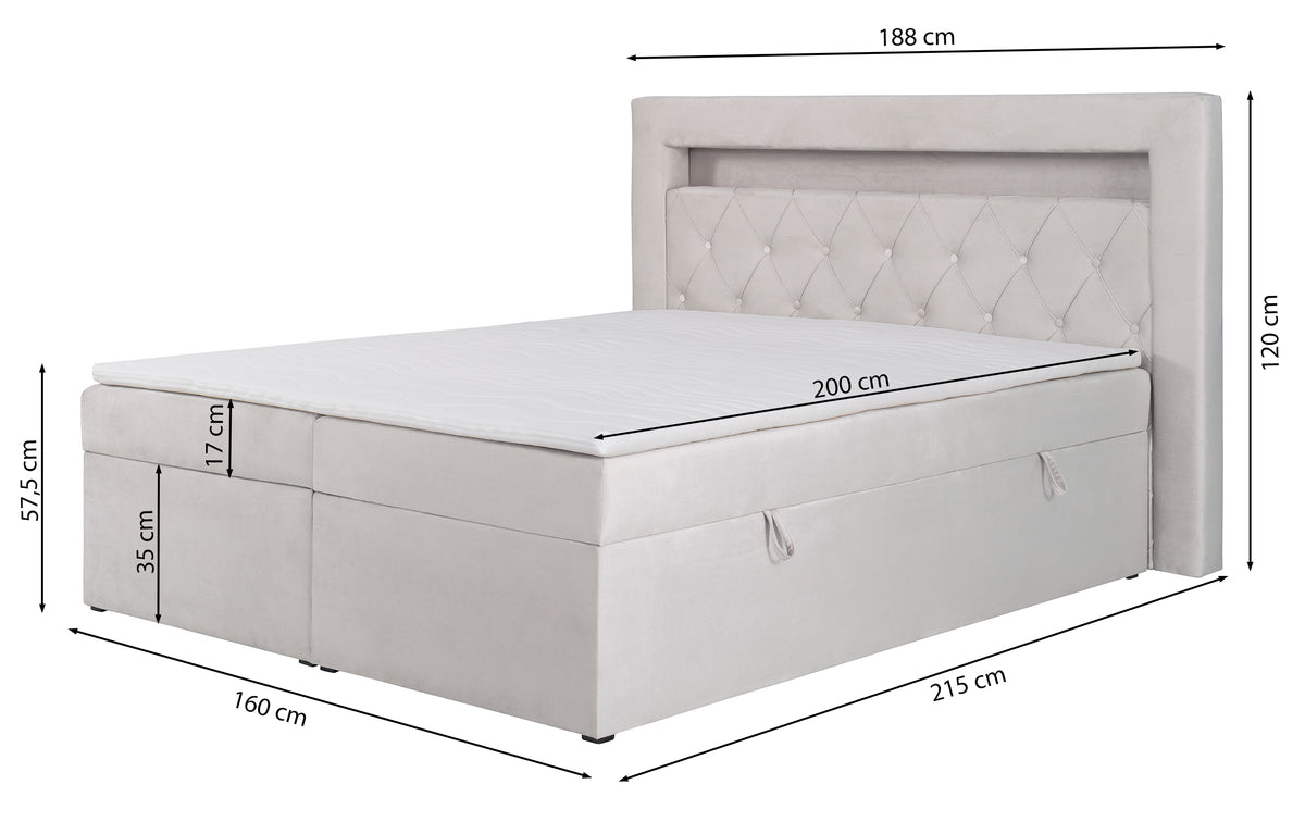 Kontinentalbett 160x200 cm Goldess mit Stauraum und LED-Beleuchtung, beige Samt