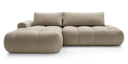 Canapé d’angle L Ombo avec fonction couchage, rangement, velours hydrofuge beige, version gauche