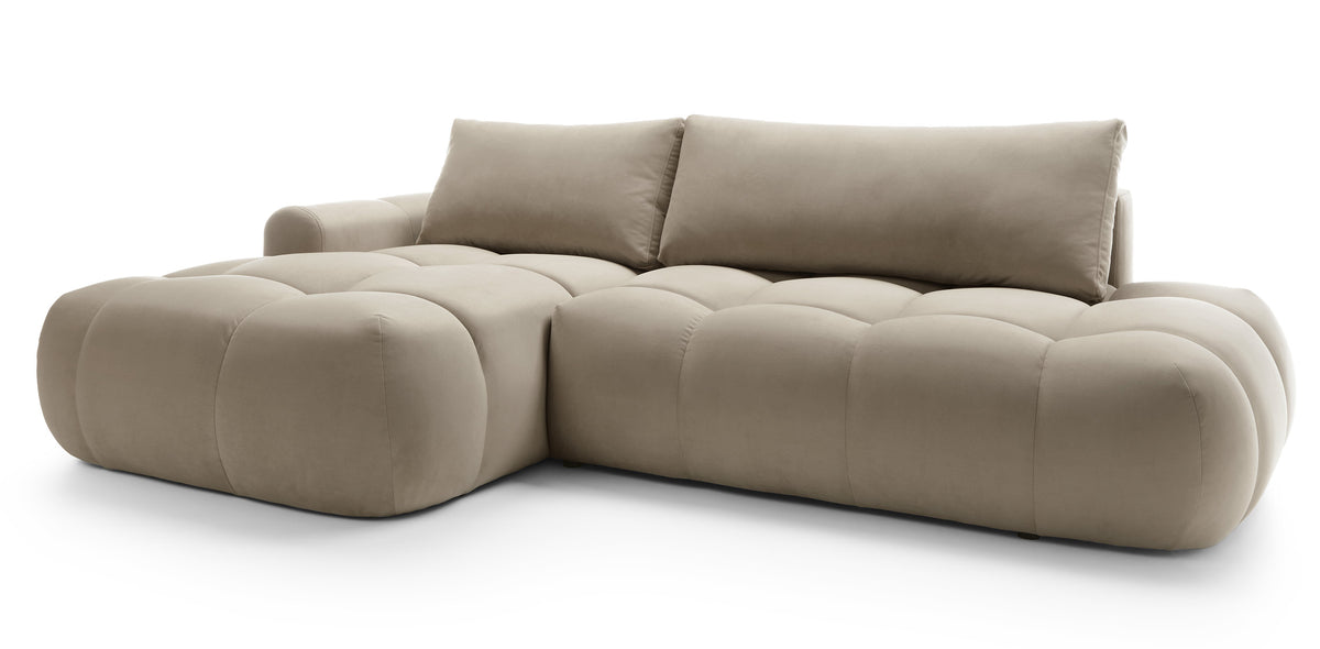 Canapé d’angle L Ombo avec fonction couchage, rangement, velours hydrofuge beige, version gauche