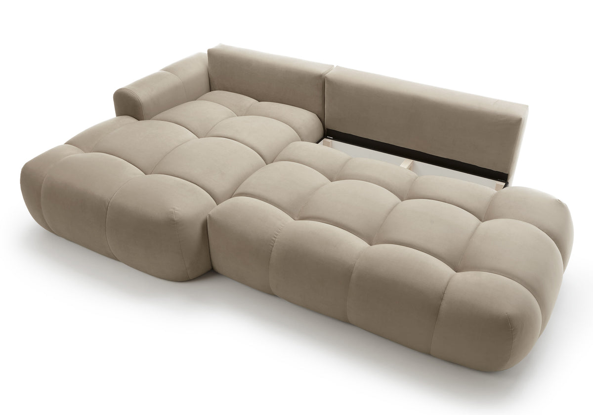 Canapé d’angle L Ombo avec fonction couchage, rangement, velours hydrofuge beige, version gauche