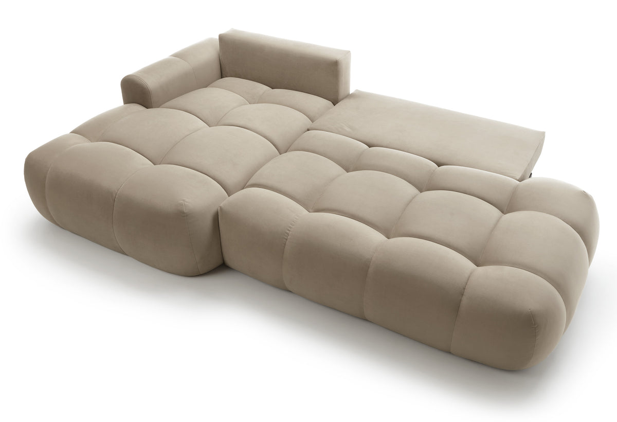 Canapé d’angle L Ombo avec fonction couchage, rangement, velours hydrofuge beige, version gauche