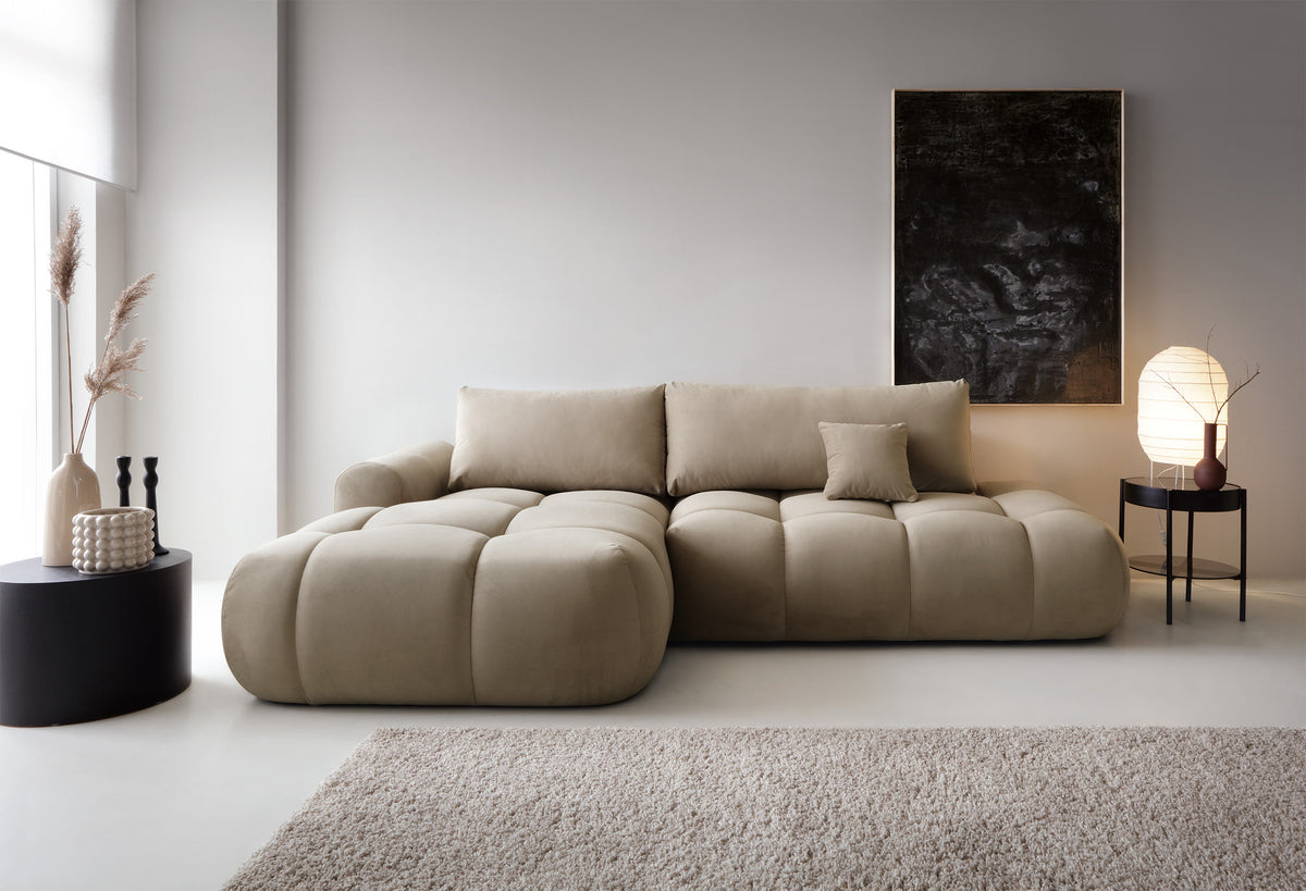 Canapé d’angle L Ombo avec fonction couchage, rangement, velours hydrofuge beige, version gauche