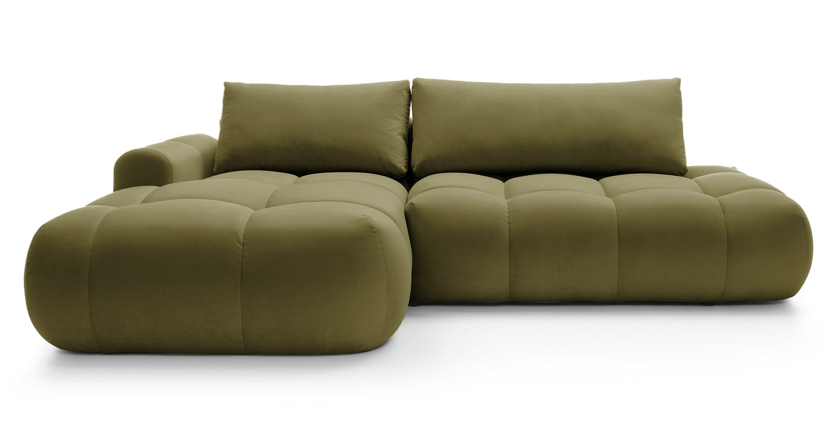 Canapé d’angle Ombo avec fonction couchage, coffre de rangement, velours hydrofuge olive, modèle gauche