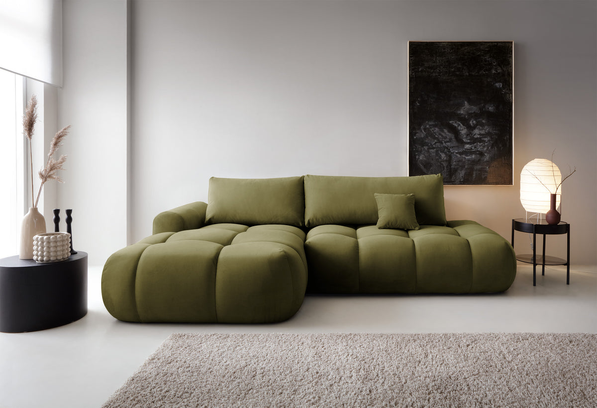 Canapé d’angle Ombo avec fonction couchage, coffre de rangement, velours hydrofuge olive, modèle gauche