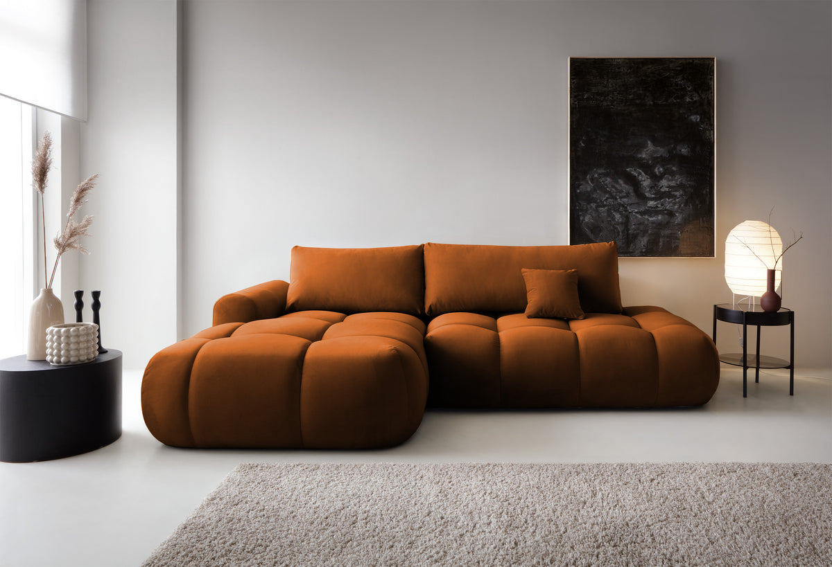 Canapé d'angle Ombo en L avec fonction couchage, coffre de rangement, velours hydrofuge cuivre, version gauche