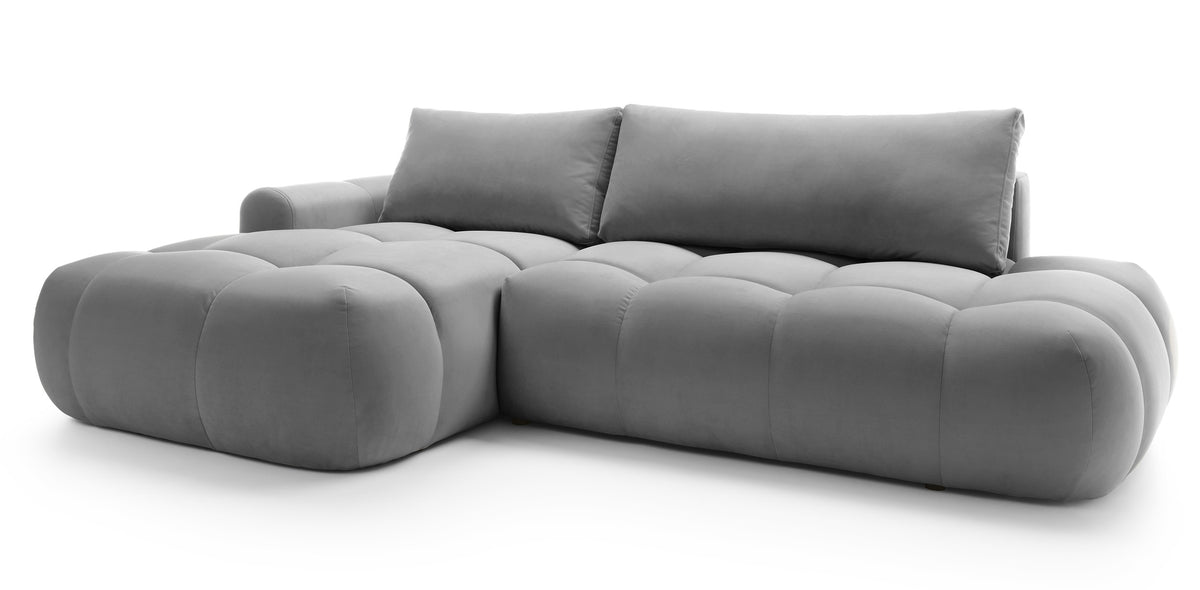 Ecksofa mit Schlaffunktion Ombo, L-förmig, mit Stauraum, grauer hydrophober Samt, linksseitig