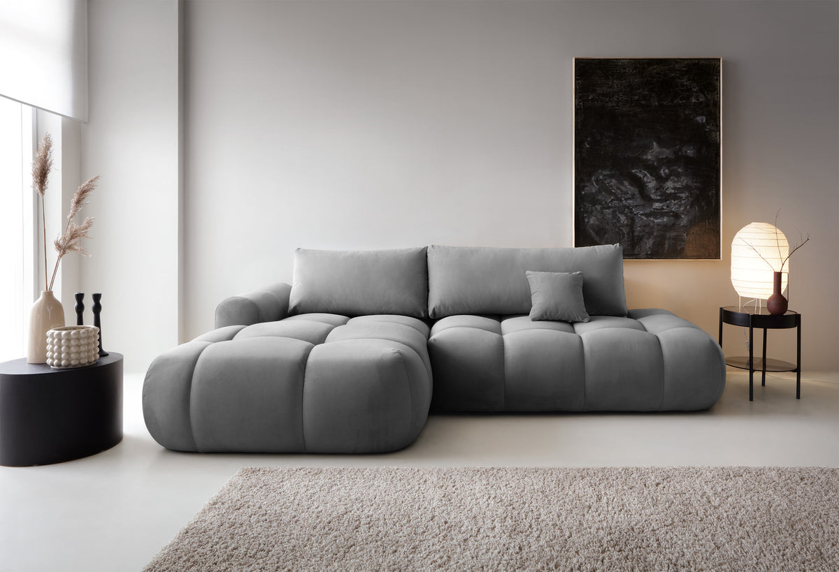 Ecksofa mit Schlaffunktion Ombo, L-förmig, mit Stauraum, grauer hydrophober Samt, linksseitig